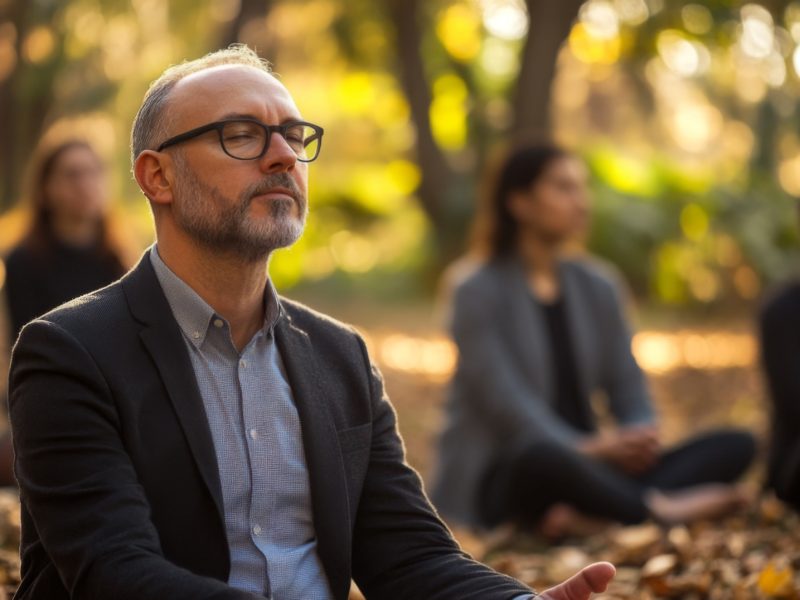 A business professional meditating in a park with colleagues, promoting corporate wellness and mindfulness. Perfect for banners or lifestyle campaigns.